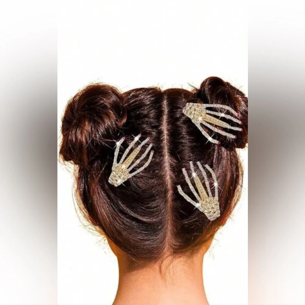 Skeleton hands Halloween hair clips rhinestone studded gold​​ Red Nail New x2